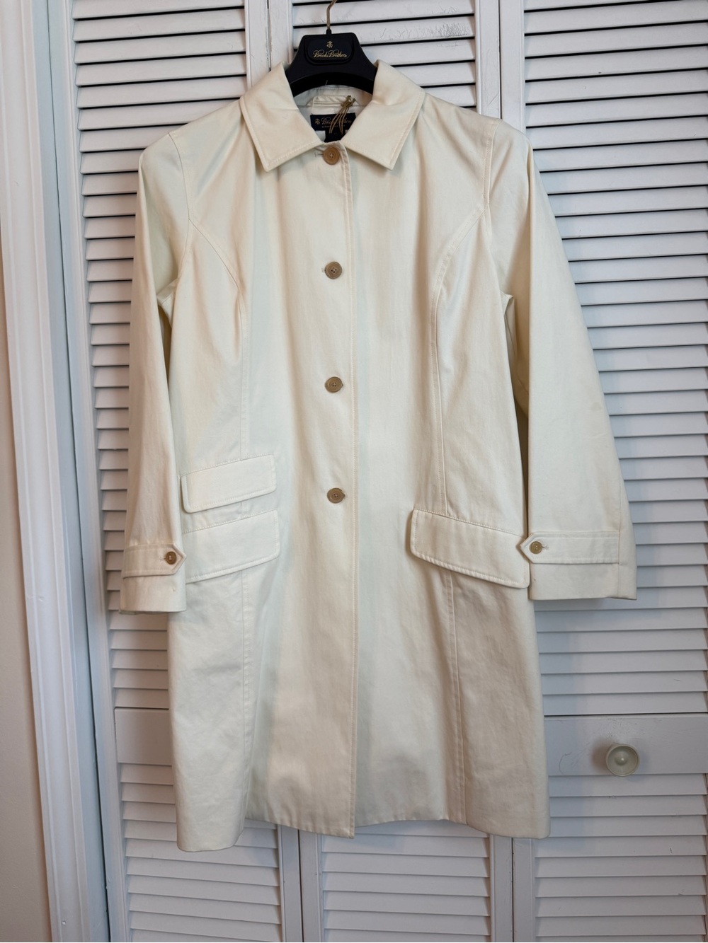 Brooks Brothers Womens Trench Coat Cream Mid Length Buttons Size 14 Work Office